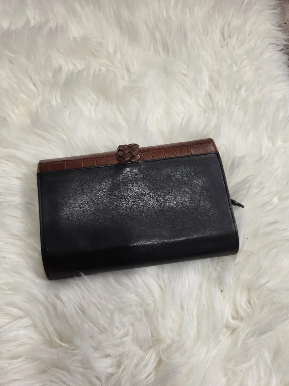 VTG Brighton Leather Black Brown Trifold Wallet Braided Leather Details Hearts